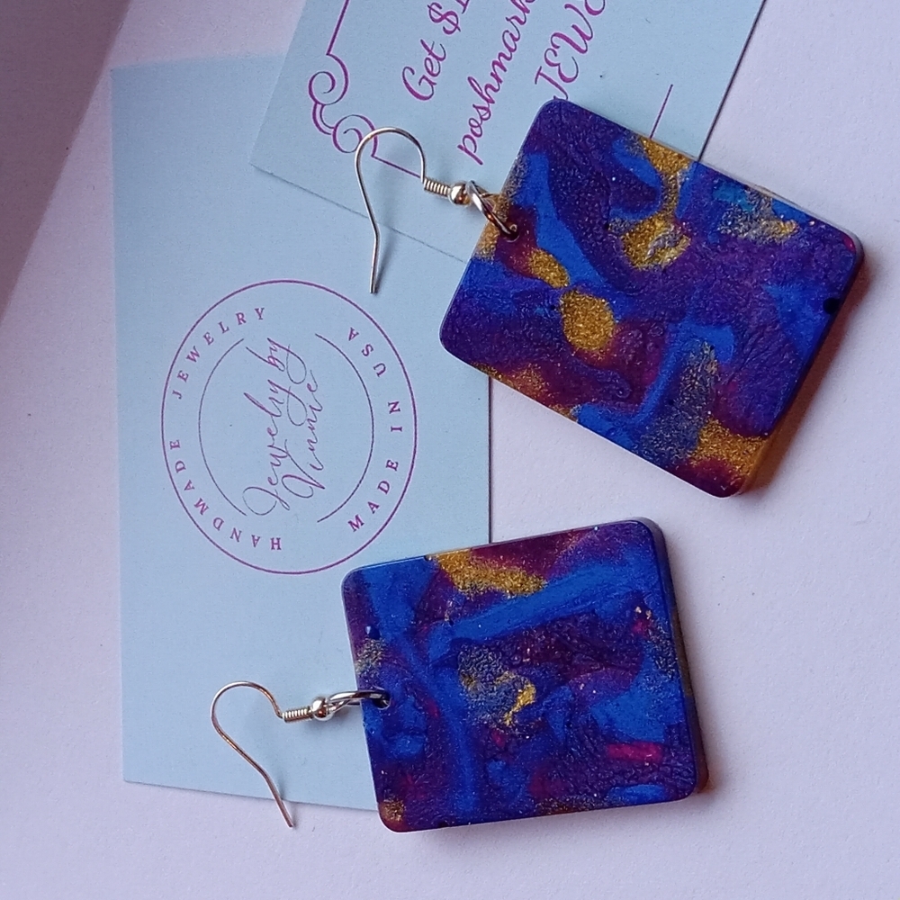 Hand Crafted Blue and Gold Artistic Earrings - Picture 4 of 6